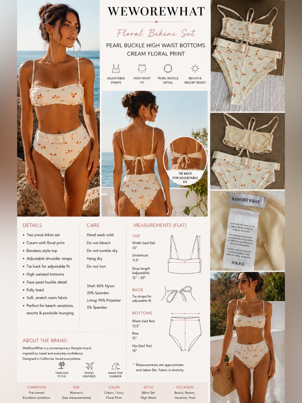 WeWoreWhat Floral Bikini Set Pearl Buckle High Waist Bottoms Cream Women’s Small
